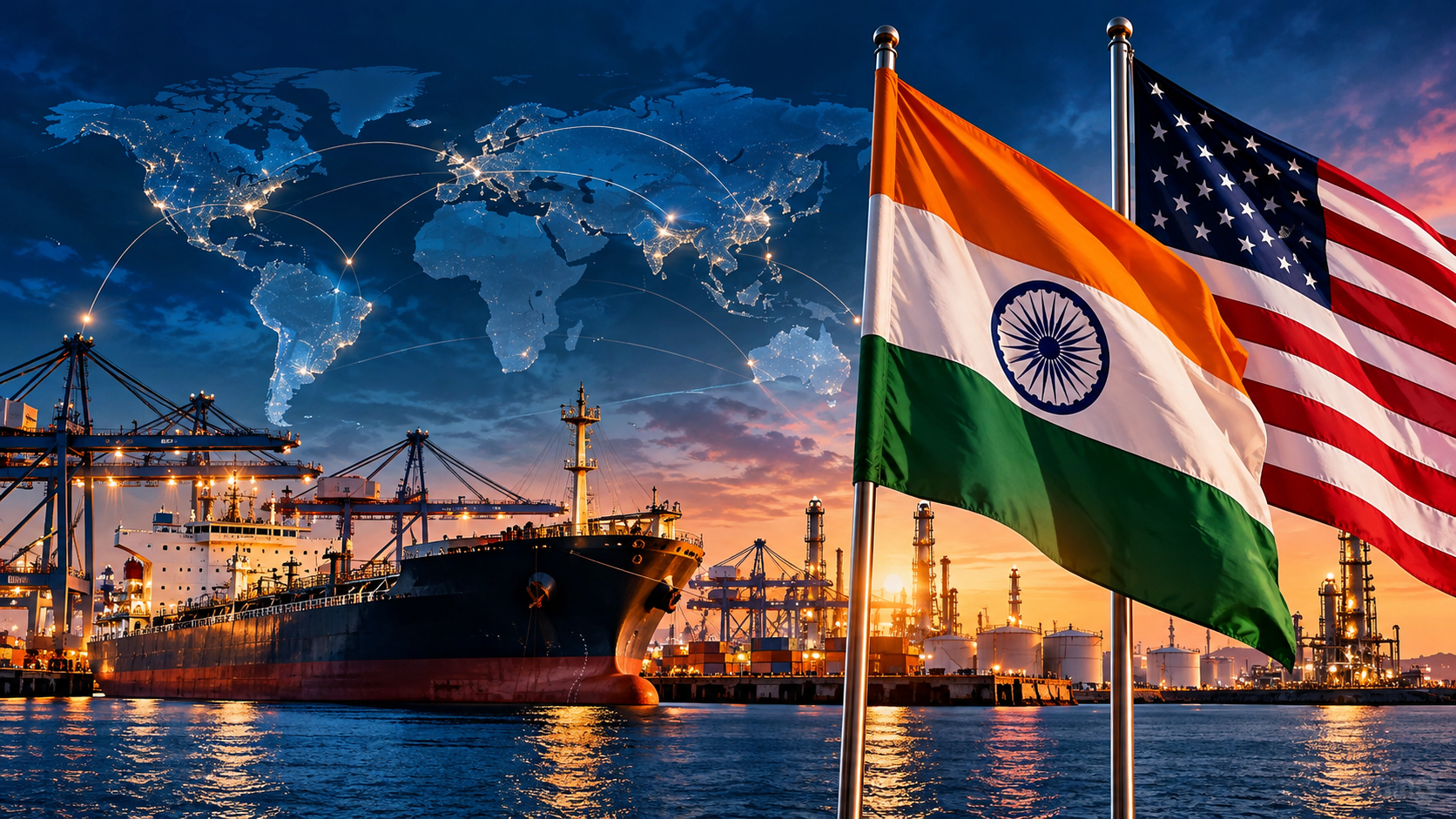 Illustration of Indian and US flags overlooking an oil tanker and international shipping port, representing trade negotiations and energy security.